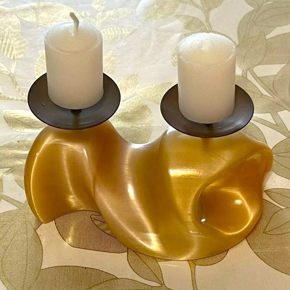 VINTAGE RUSSIAN YELLOW/PEARL ONYX SELENITE STONE CANDLE HOLDER